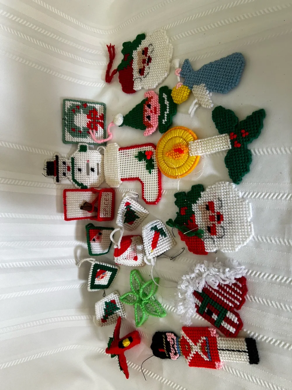 Vintage Plastic Canvas Christmas Ornament Set Santa Elf Angel Spice Box Candle
